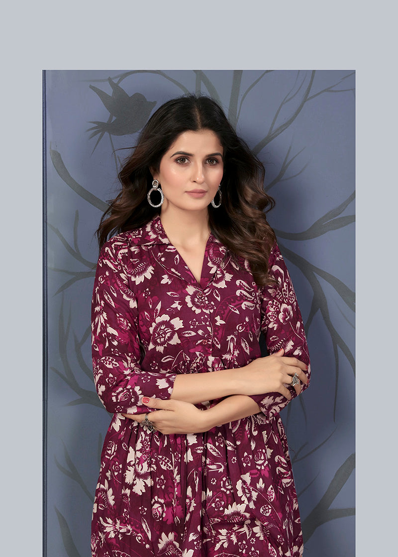 Monjolika Fashion Wine Rayon Printed Casual Wear Co Ord Set | Grocsy