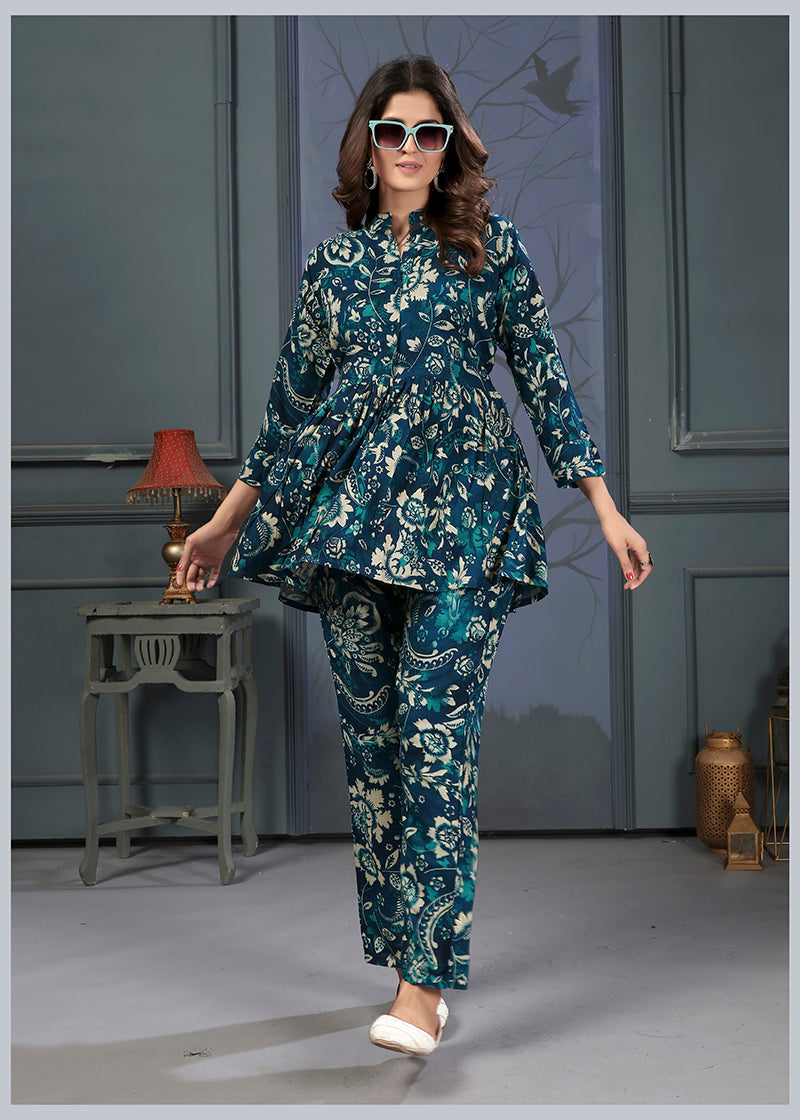 Monjolika Fashion Teal Blue Rayon Printed Casual Wear Co Ord Set | Grocsy