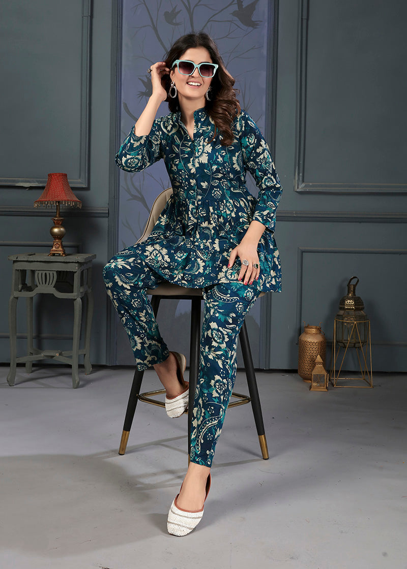 Monjolika Fashion Teal Blue Rayon Printed Casual Wear Co Ord Set | Grocsy