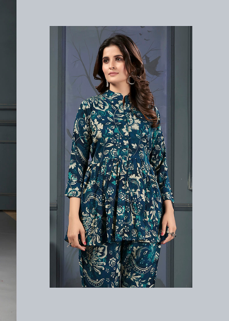 Monjolika Fashion Teal Blue Rayon Printed Casual Wear Co Ord Set | Grocsy