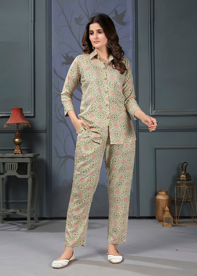 Monjolika Fashion Beige Rayon Printed Casual Wear Co Ord Set | Grocsy