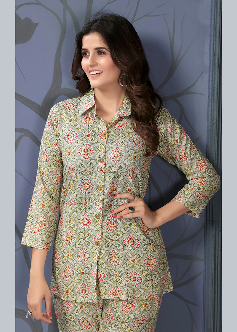 Monjolika Fashion Beige Rayon Printed Casual Wear Co Ord Set | Grocsy