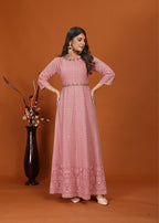 Monjolika Fashion Faux Georgette Embroidered Readymade Gown In Pink | Grocsy