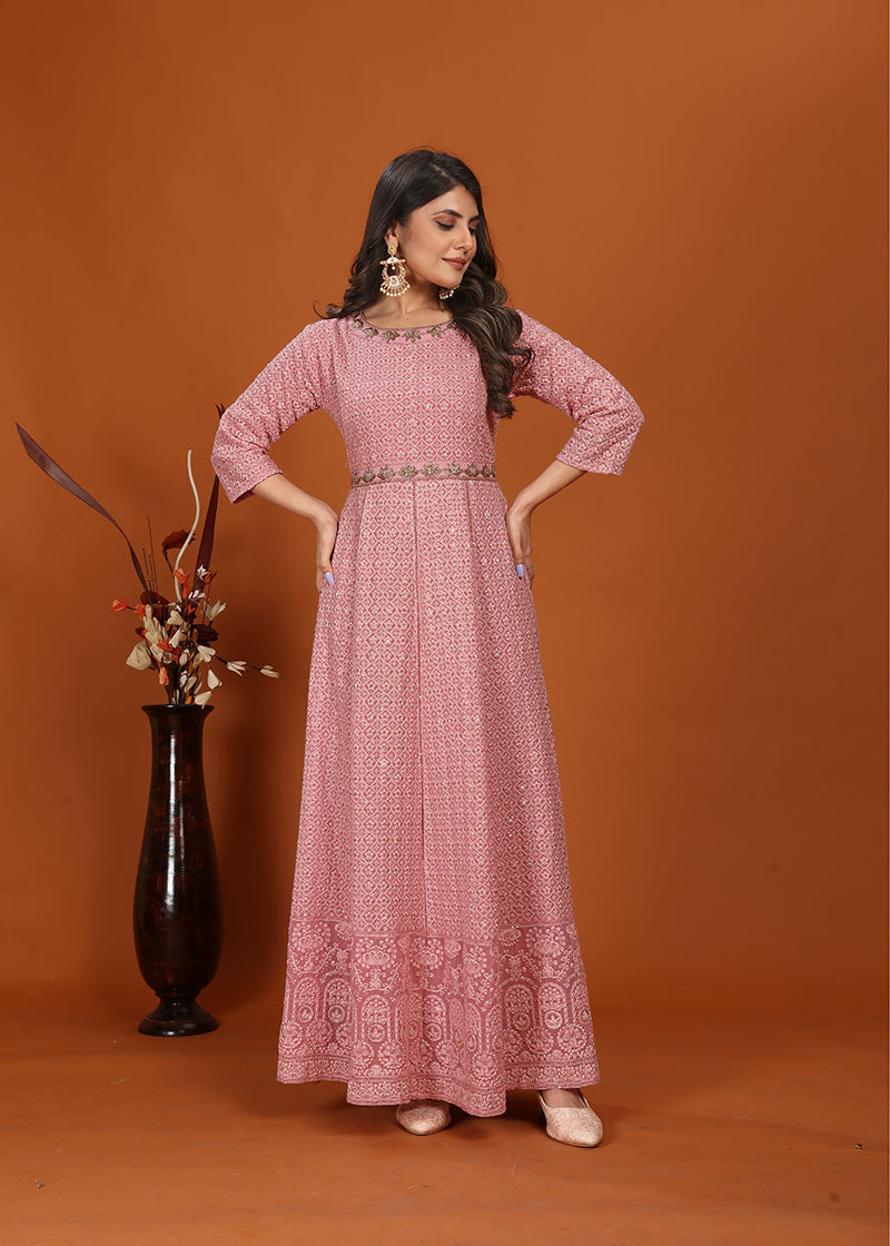 Monjolika Fashion Faux Georgette Embroidered Readymade Gown In Pink | Grocsy