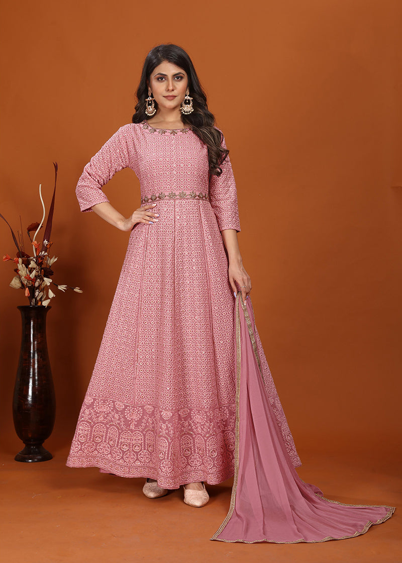 Monjolika Fashion Faux Georgette Embroidered Readymade Gown In Pink | Grocsy