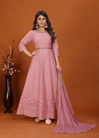 Monjolika Fashion Faux Georgette Embroidered Readymade Gown In Pink | Grocsy