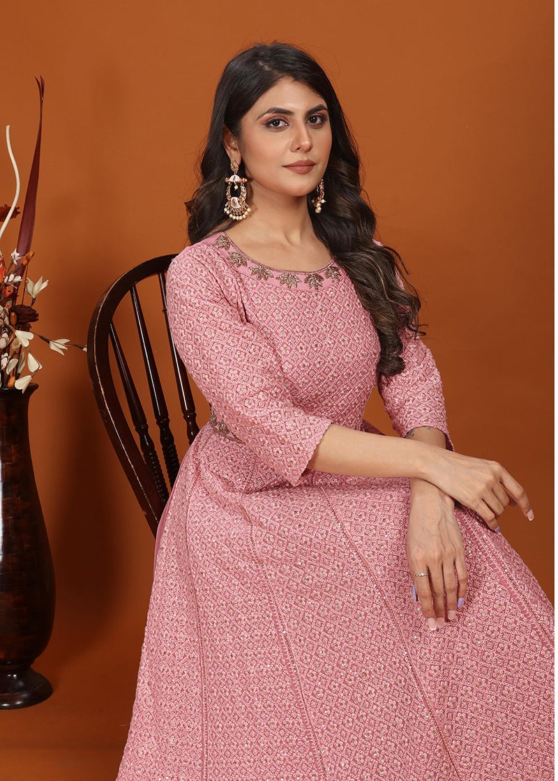 Monjolika Fashion Faux Georgette Embroidered Readymade Gown In Pink | Grocsy