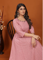 Monjolika Fashion Faux Georgette Embroidered Readymade Gown In Pink | Grocsy