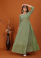 Monjolika Fashion Faux Georgette Embroidered Readymade Gown In Green | Grocsy