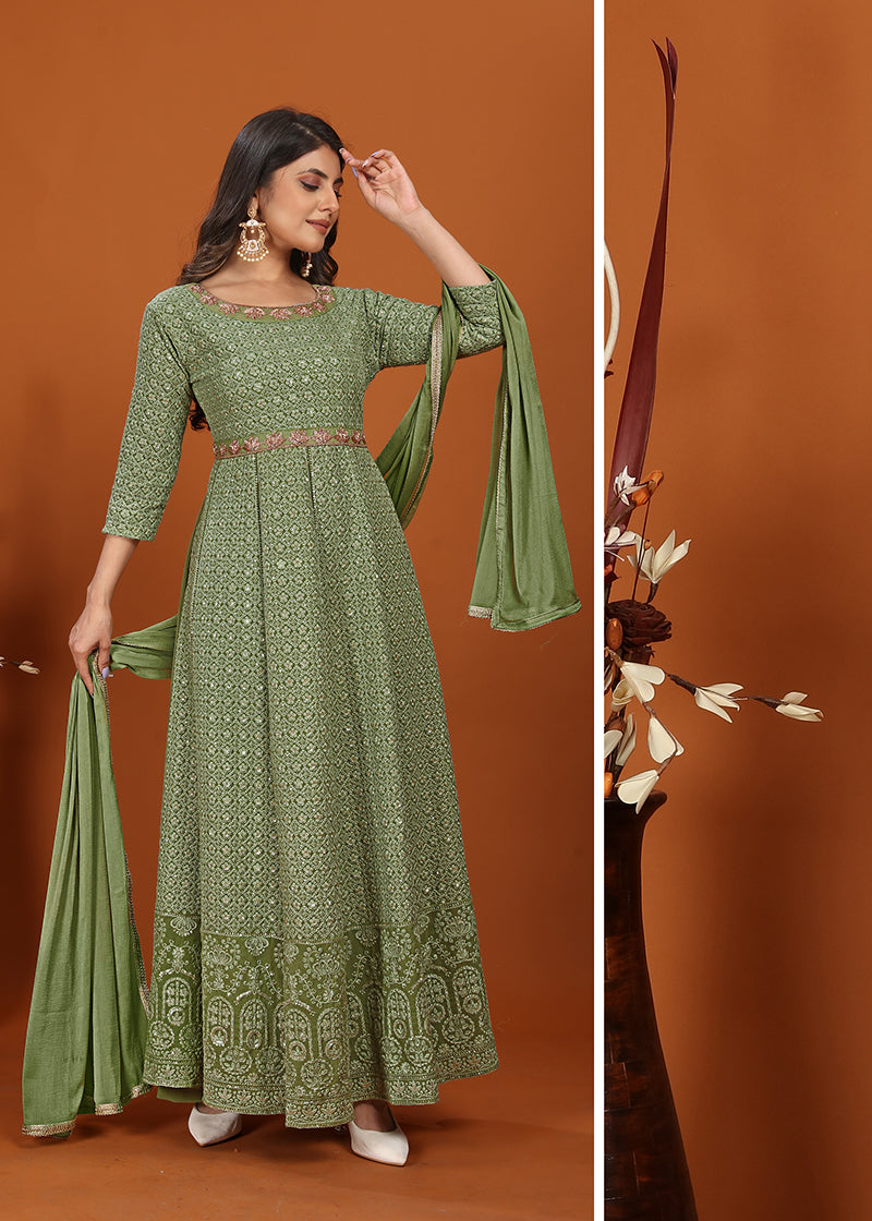 Monjolika Fashion Faux Georgette Embroidered Readymade Gown In Green | Grocsy