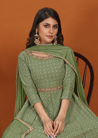 Monjolika Fashion Faux Georgette Embroidered Readymade Gown In Green | Grocsy