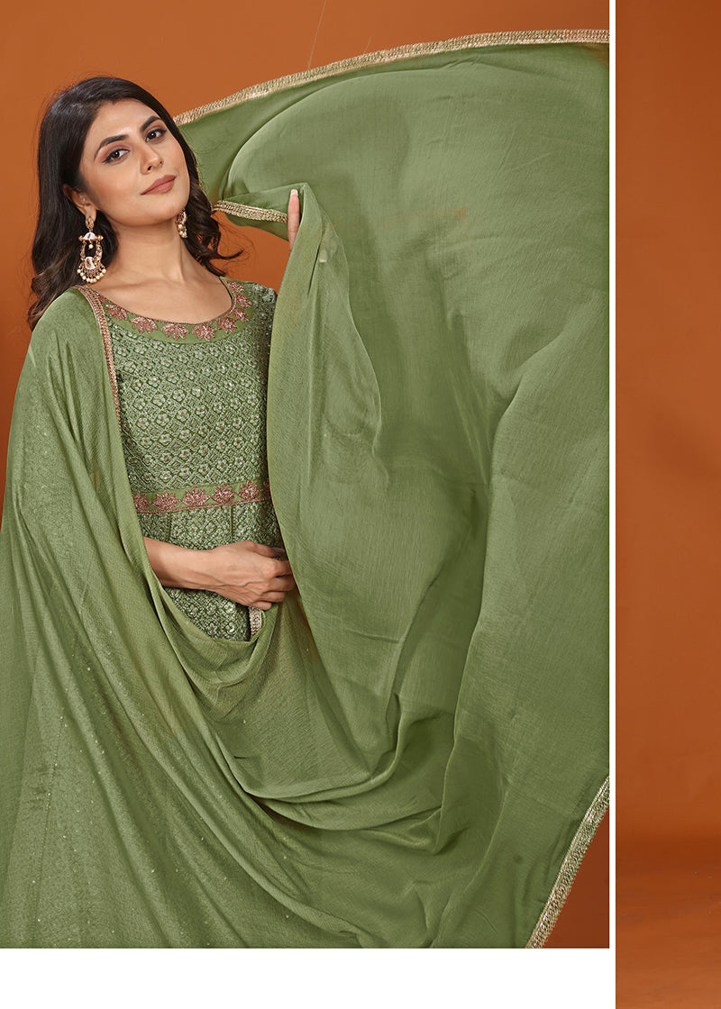 Monjolika Fashion Faux Georgette Embroidered Readymade Gown In Green | Grocsy