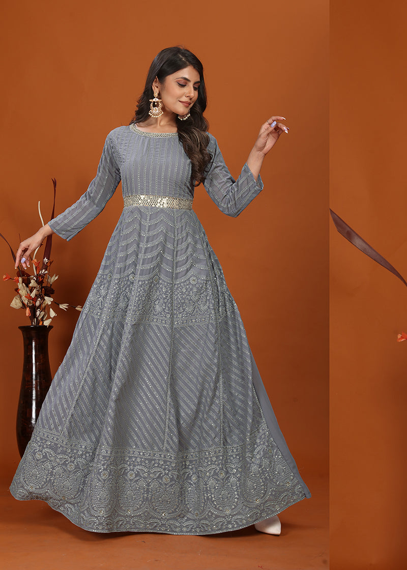 Monjolika Fashion Faux Georgette Embroidered Readymade Gown In Grey | Grocsy