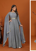 Monjolika Fashion Faux Georgette Embroidered Readymade Gown In Grey | Grocsy