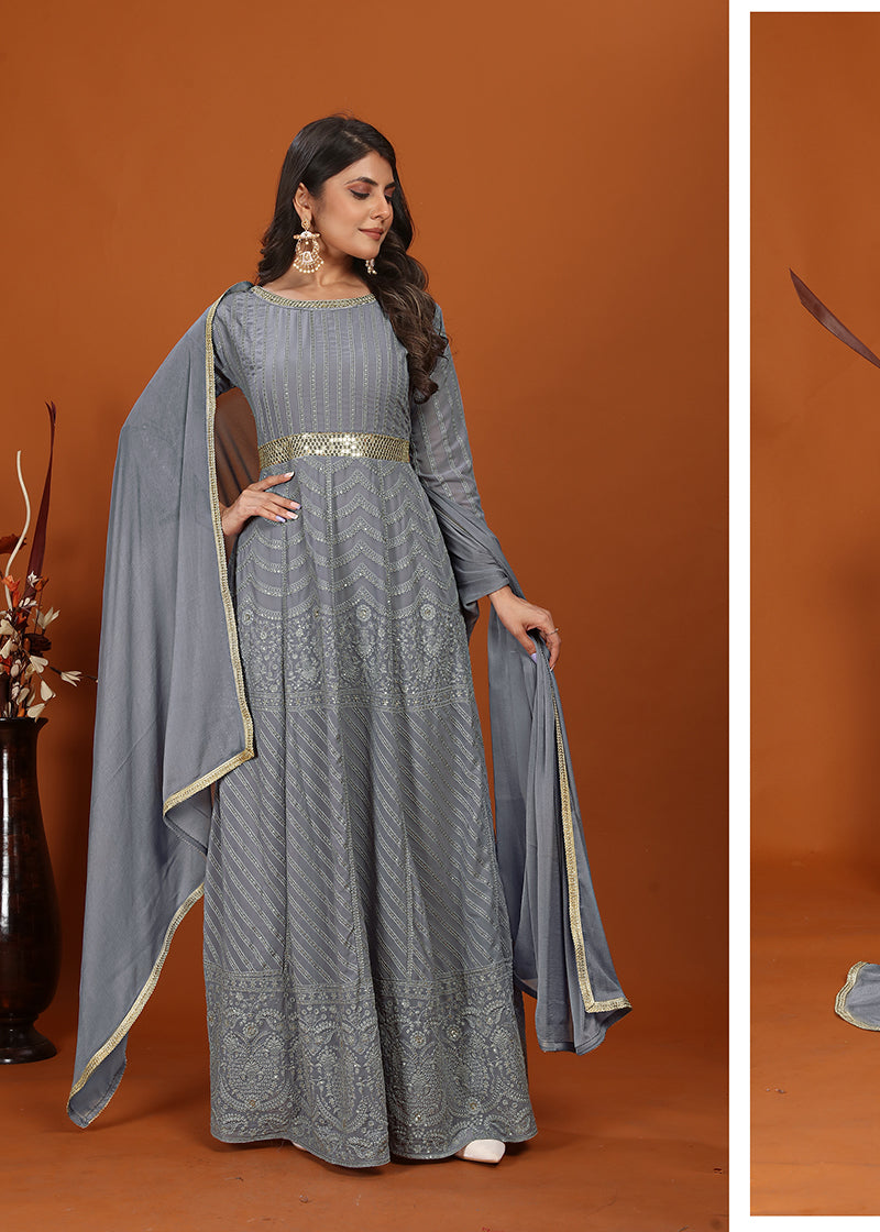Monjolika Fashion Faux Georgette Embroidered Readymade Gown In Grey | Grocsy