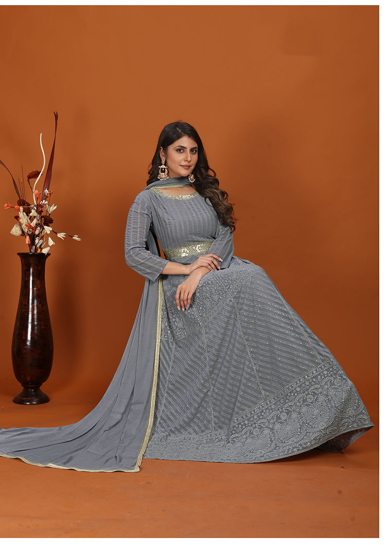 Monjolika Fashion Faux Georgette Embroidered Readymade Gown In Grey | Grocsy