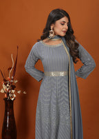 Monjolika Fashion Faux Georgette Embroidered Readymade Gown In Grey | Grocsy