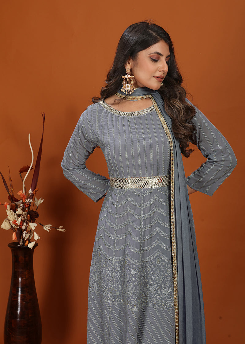 Monjolika Fashion Faux Georgette Embroidered Readymade Gown In Grey | Grocsy