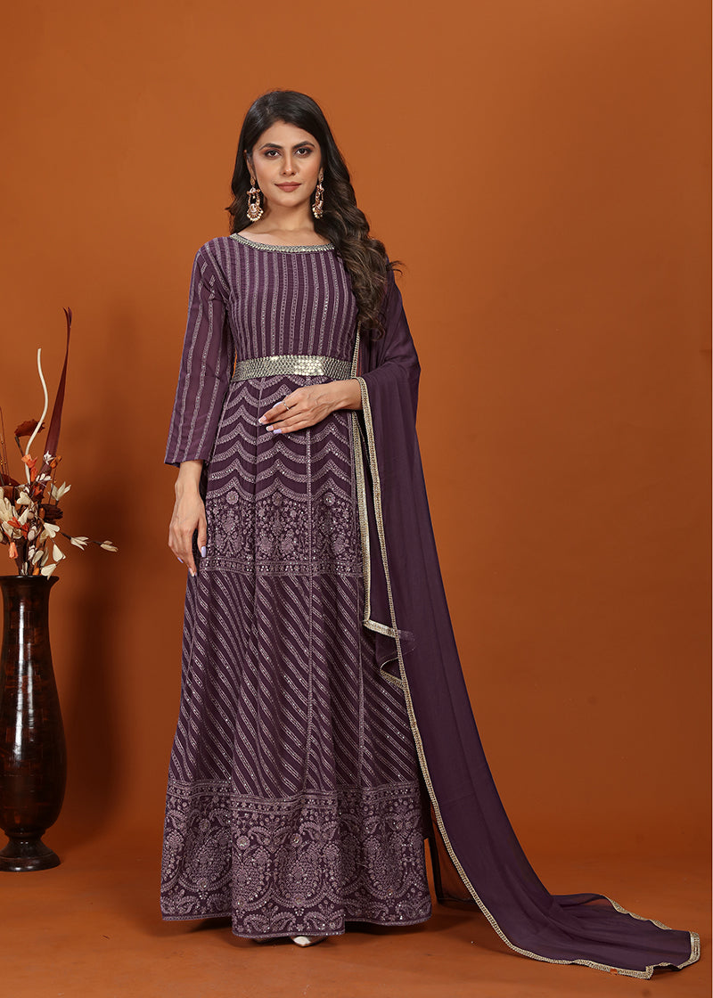 Monjolika Fashion Faux Georgette Embroidered Readymade Gown In Wine | Grocsy
