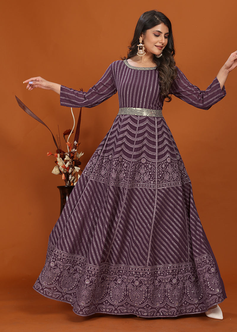 Monjolika Fashion Faux Georgette Embroidered Readymade Gown In Wine | Grocsy