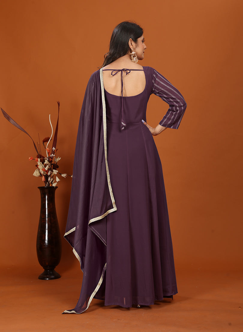 Monjolika Fashion Faux Georgette Embroidered Readymade Gown In Wine | Grocsy