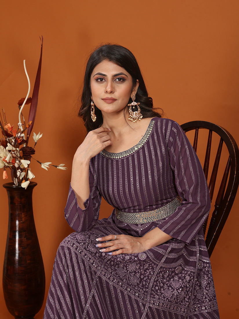 Monjolika Fashion Faux Georgette Embroidered Readymade Gown In Wine | Grocsy