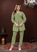 Monjolika Fashion Olive Maaza Cotton With Hand Work Trendy Co Ord Set | Grocsy