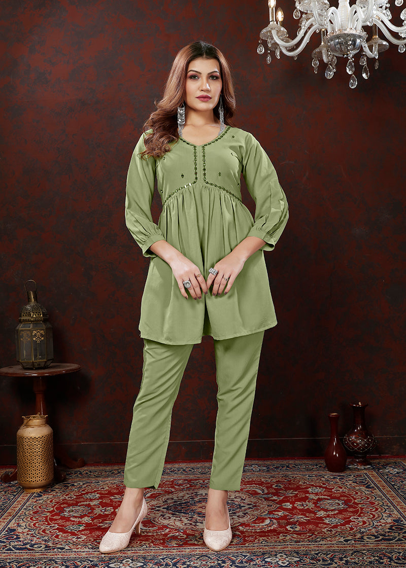 Monjolika Fashion Olive Maaza Cotton With Hand Work Trendy Co Ord Set | Grocsy