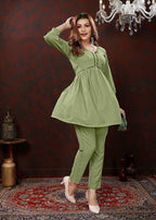 Monjolika Fashion Olive Maaza Cotton With Hand Work Trendy Co Ord Set | Grocsy