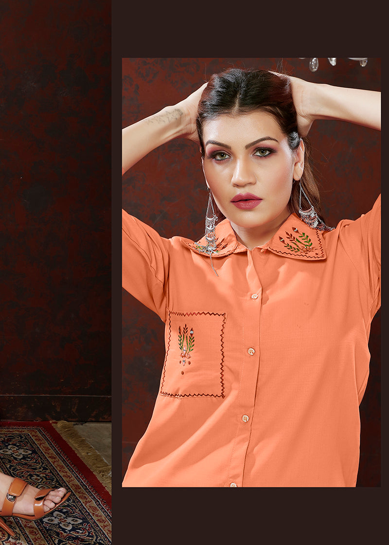 Monjolika Fashion Peach Maaza Cotton With Hand Work Trendy Co Ord Set | Grocsy