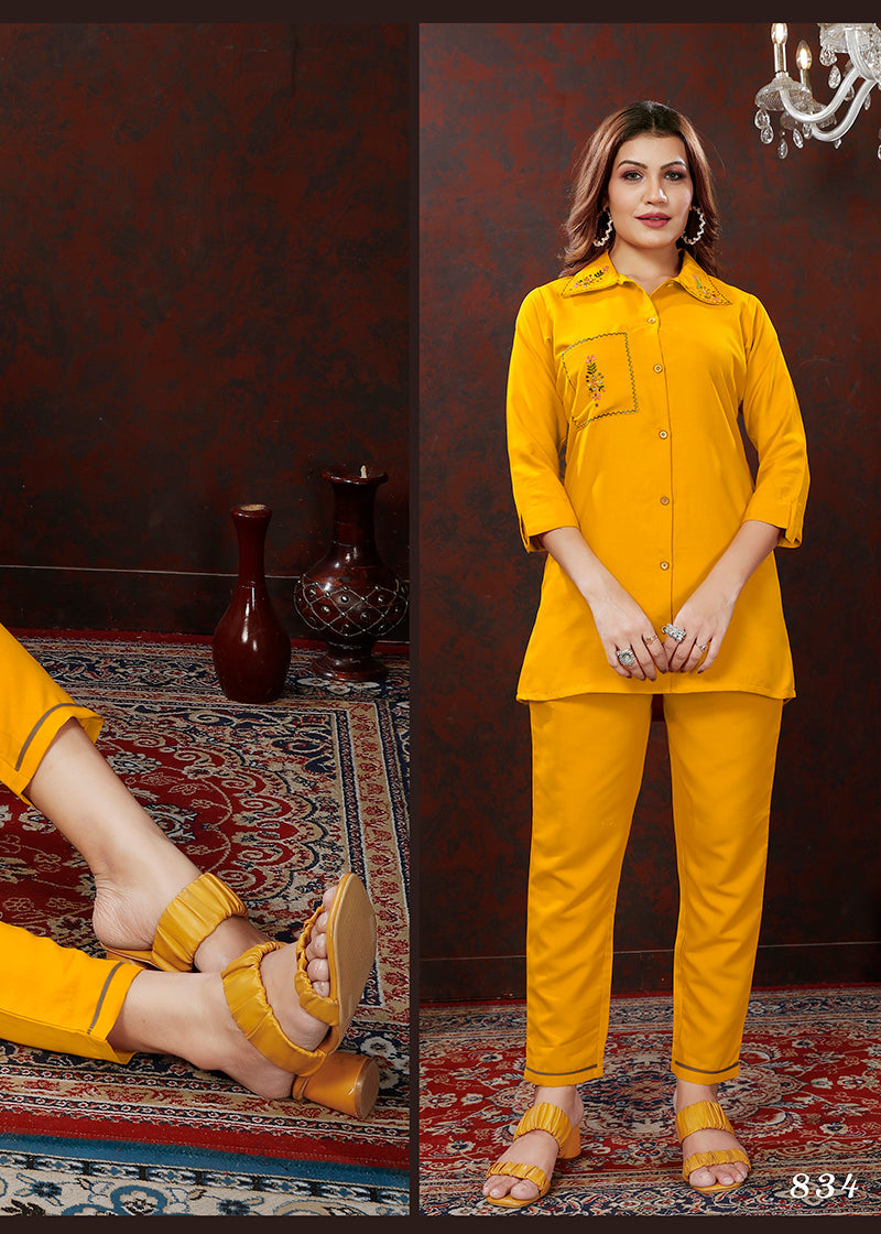Monjolika Fashion Yellow Maaza Cotton With Hand Work Trendy Co Ord Set | Grocsy