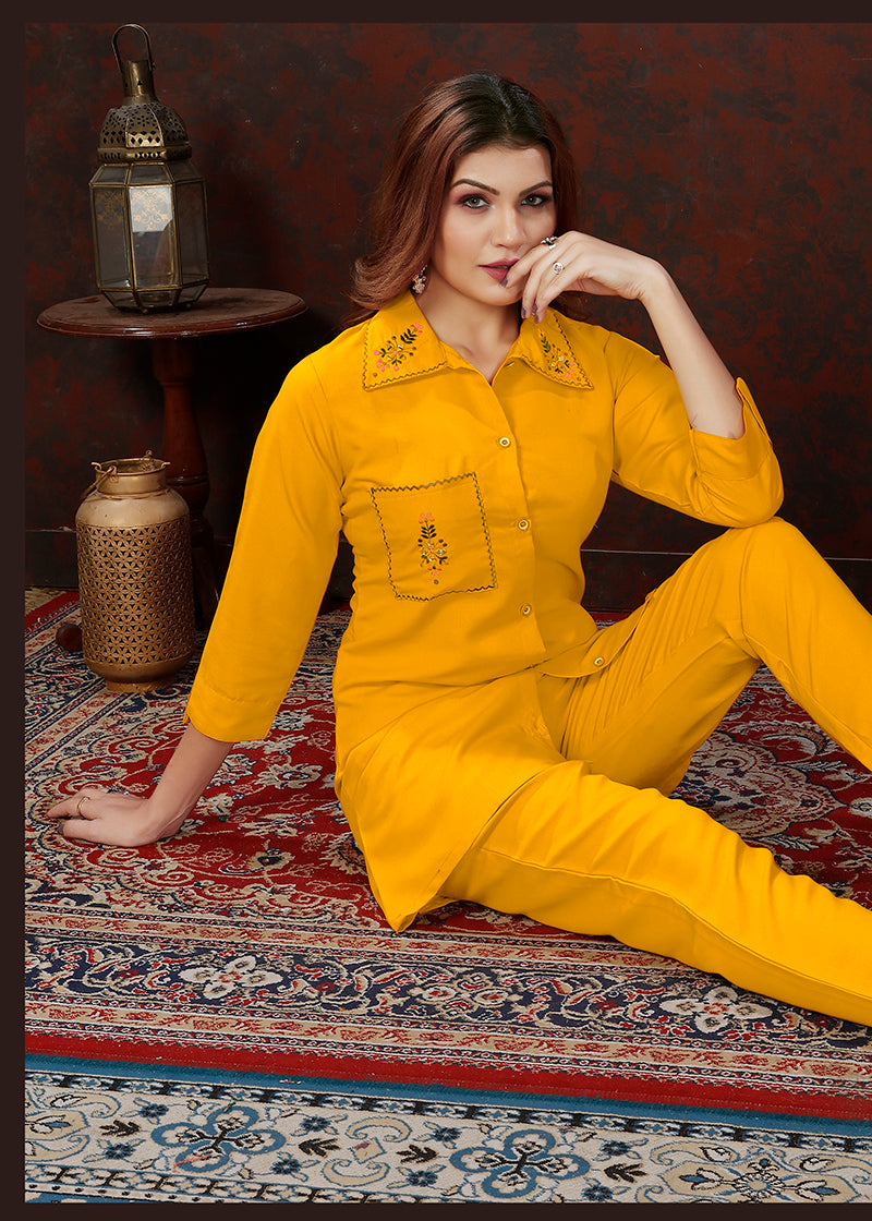 Monjolika Fashion Yellow Maaza Cotton With Hand Work Trendy Co Ord Set | Grocsy