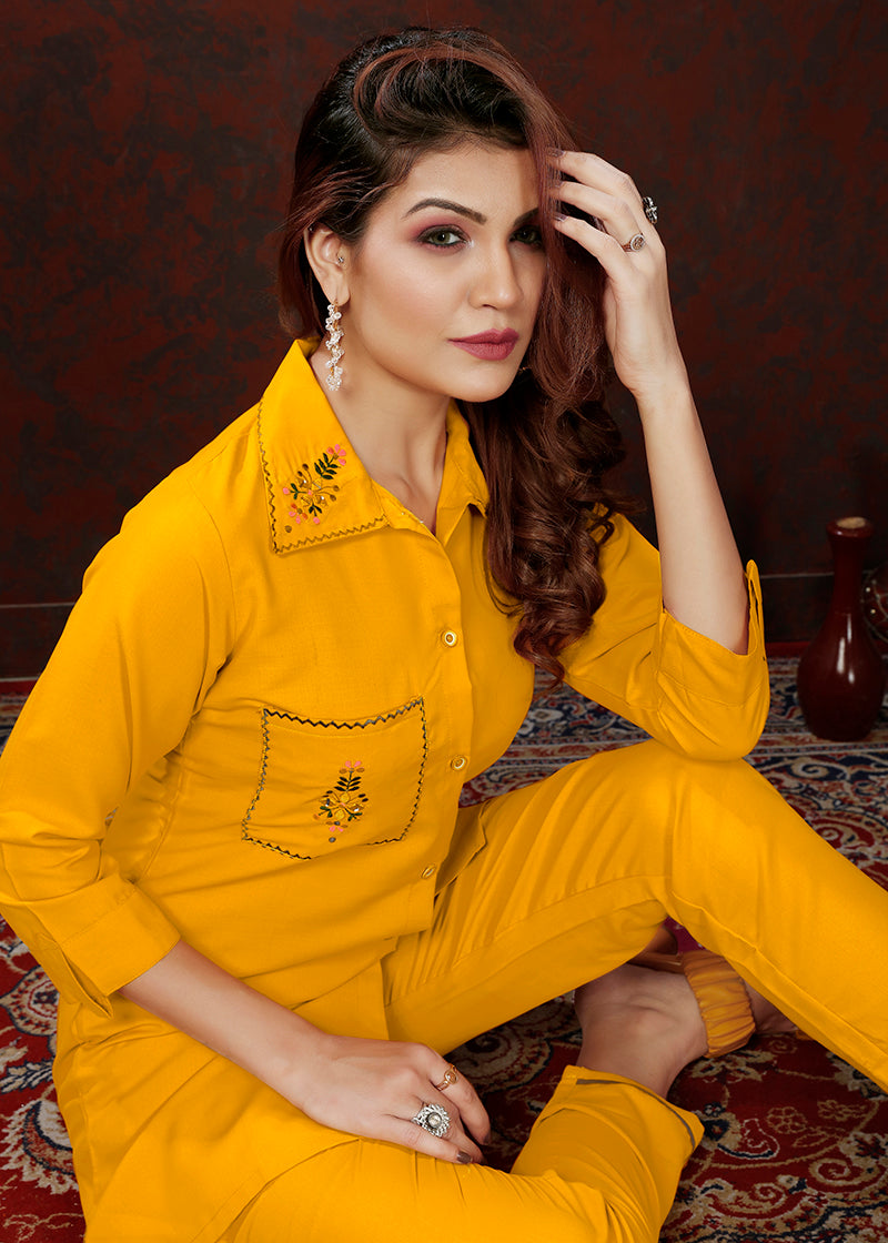 Monjolika Fashion Yellow Maaza Cotton With Hand Work Trendy Co Ord Set | Grocsy