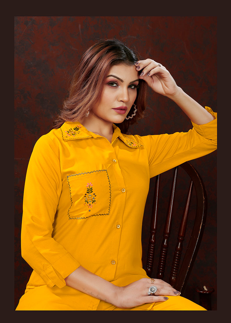 Monjolika Fashion Yellow Maaza Cotton With Hand Work Trendy Co Ord Set | Grocsy