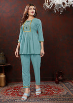 Monjolika Fashion Light Blue Maaza Cotton With Hand Work Trendy Co Ord Set | Grocsy
