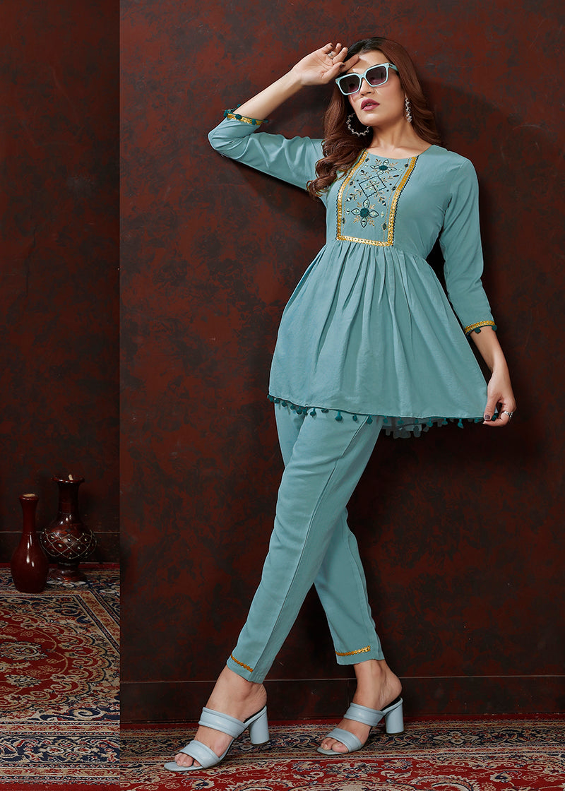 Monjolika Fashion Light Blue Maaza Cotton With Hand Work Trendy Co Ord Set | Grocsy