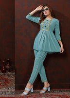 Monjolika Fashion Light Blue Maaza Cotton With Hand Work Trendy Co Ord Set | Grocsy