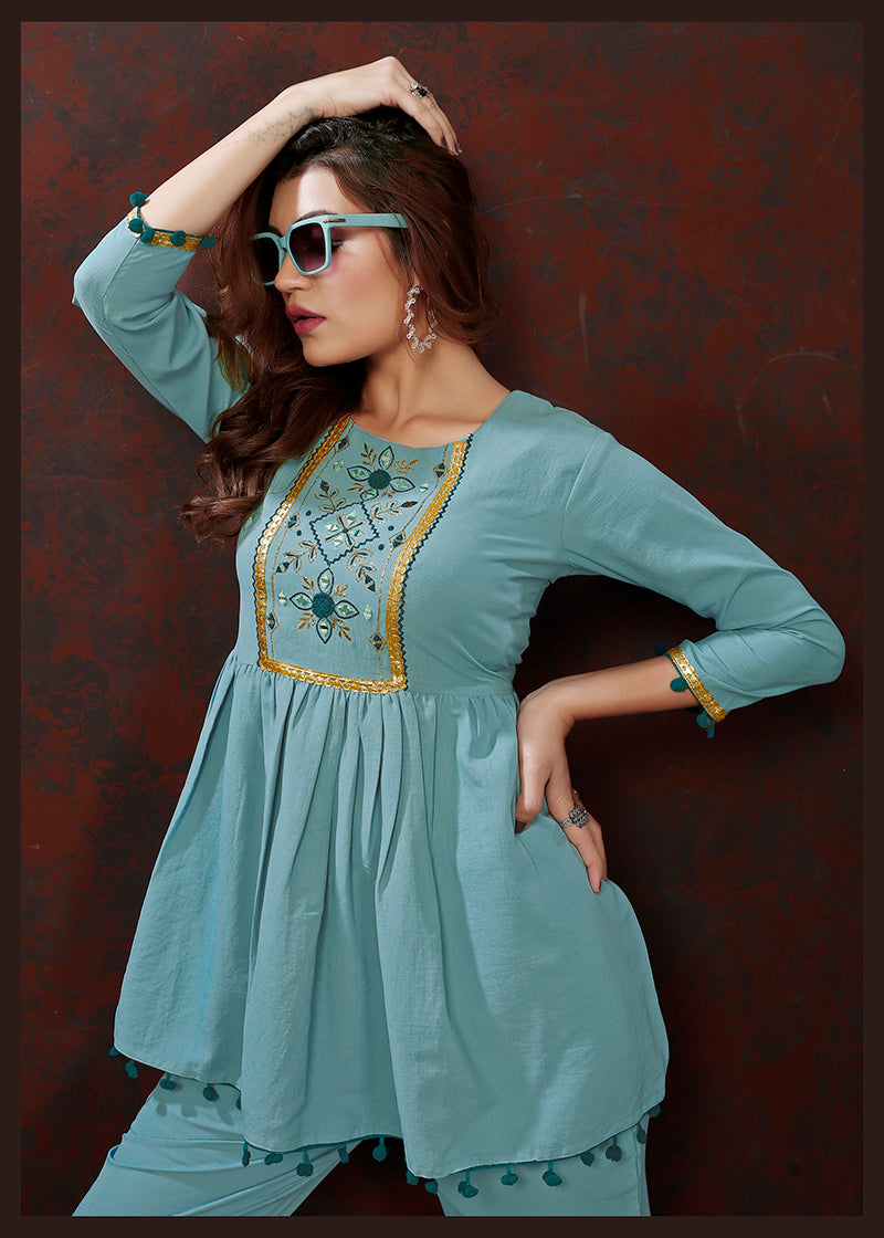 Monjolika Fashion Light Blue Maaza Cotton With Hand Work Trendy Co Ord Set | Grocsy