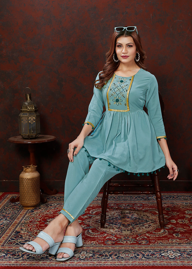 Monjolika Fashion Light Blue Maaza Cotton With Hand Work Trendy Co Ord Set | Grocsy