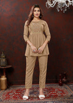 Monjolika Fashion Beige Maaza Cotton With Hand Work Trendy Co Ord Set | Grocsy