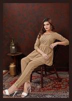 Monjolika Fashion Beige Maaza Cotton With Hand Work Trendy Co Ord Set | Grocsy