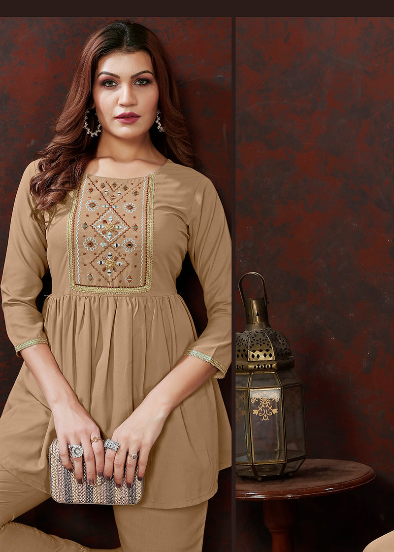 Monjolika Fashion Beige Maaza Cotton With Hand Work Trendy Co Ord Set | Grocsy
