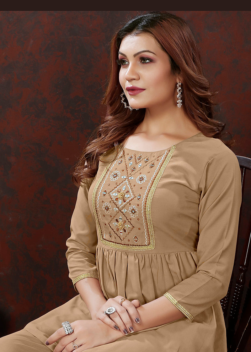 Monjolika Fashion Beige Maaza Cotton With Hand Work Trendy Co Ord Set | Grocsy