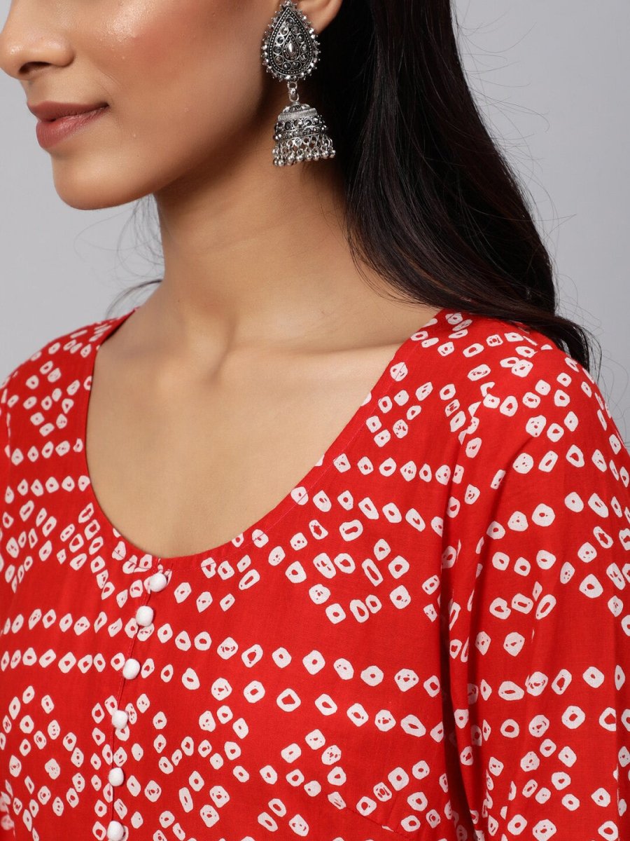 Aks Bandhani Yoke Design Long Sleeves Cotton Anarkali Kurta | Grocsy