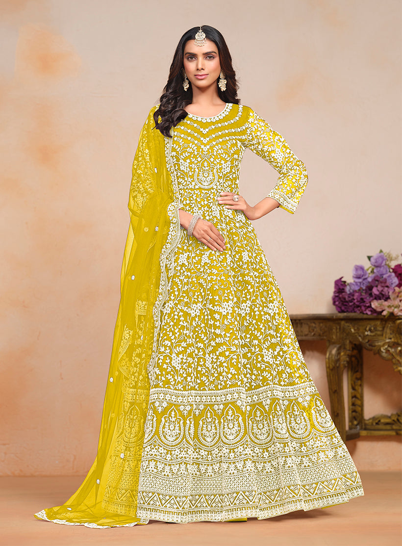 Monjolika Fashion Yellow Color Embroidered Santoon Net Salwar Suit | Grocsy