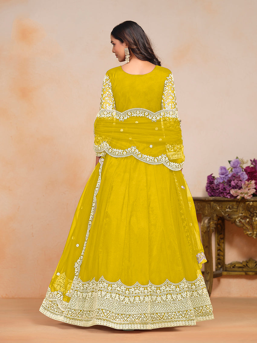 Monjolika Fashion Yellow Color Embroidered Santoon Net Salwar Suit | Grocsy