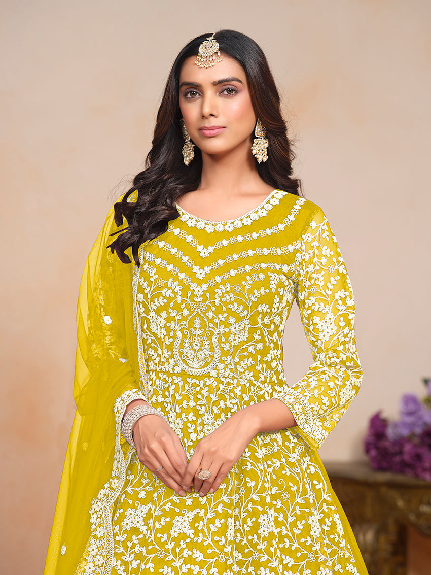 Monjolika Fashion Yellow Color Embroidered Santoon Net Salwar Suit | Grocsy