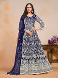 Monjolika Fashion Navy-Blue Color Embroidered Santoon Net Salwar Suit | Grocsy