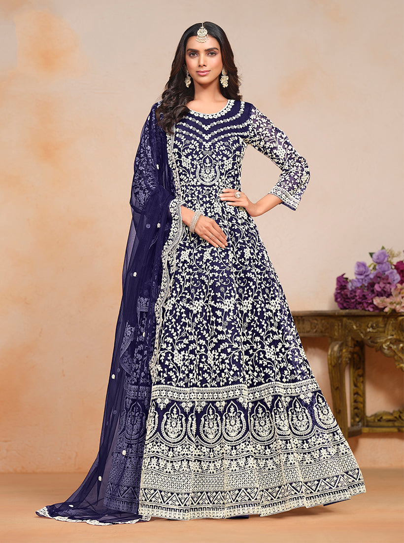 Monjolika Fashion Navy-Blue Color Embroidered Santoon Net Salwar Suit | Grocsy