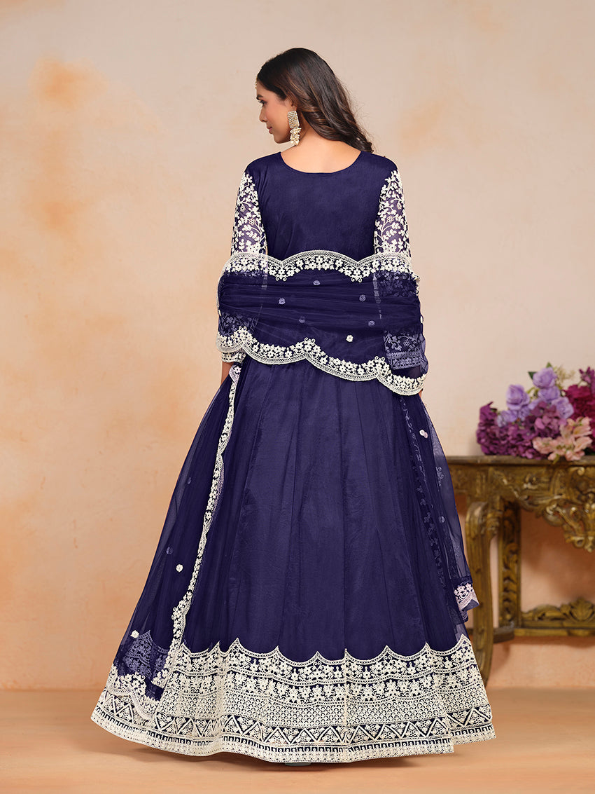 Monjolika Fashion Navy-Blue Color Embroidered Santoon Net Salwar Suit | Grocsy